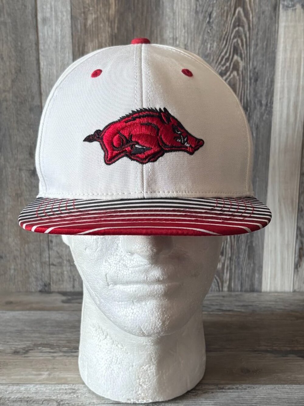 Arkansas Razorbacks snapback hat red-and-black striped flat brim